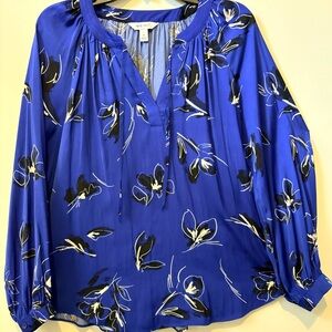 Nine West Cobalt Blue Floral Split-Neck Blouse